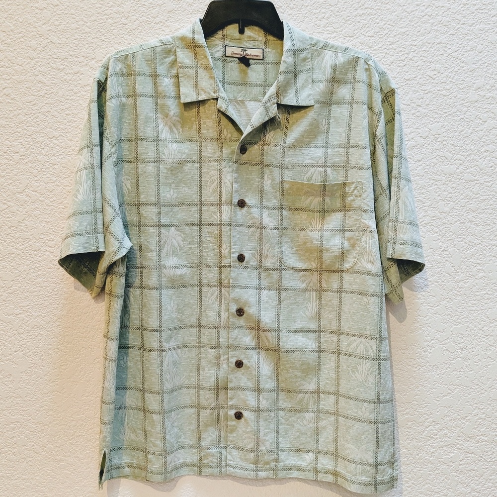 Tommy Bahama Hawaiian aloha palm tree plaid shirt.